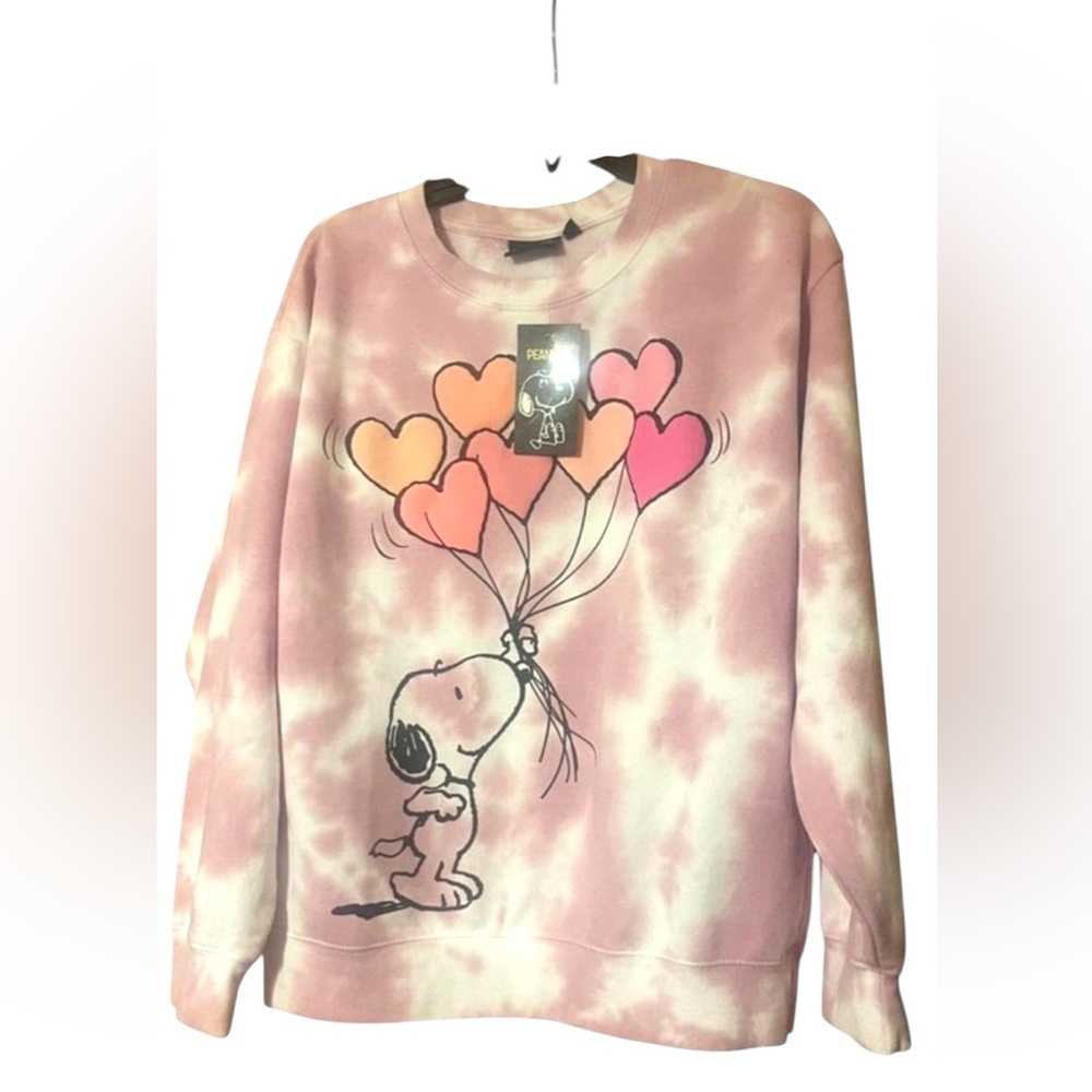 NWT Peanuts Snoopy Pink Tie Dye Raised Heart Balloons Sweatshirt SZ L - Picture 2 of 11
